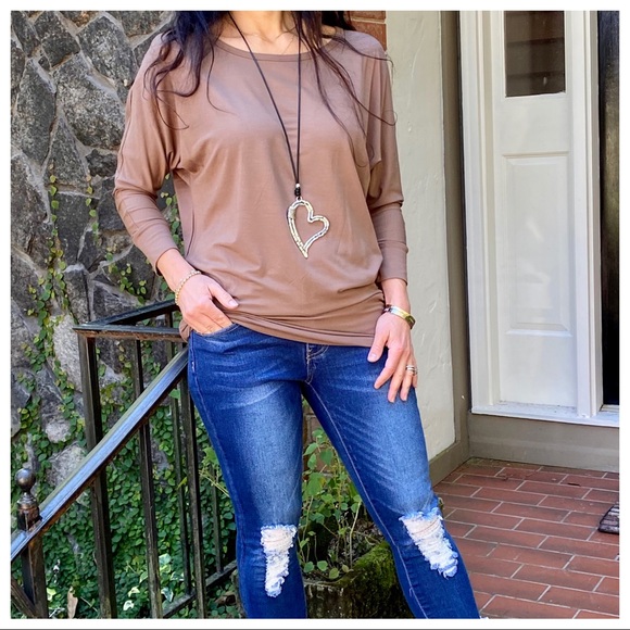MOCHA DOLMAN BOATNECK 3/4 SLEEVES TUNIC TOP - Picture 6 of 15